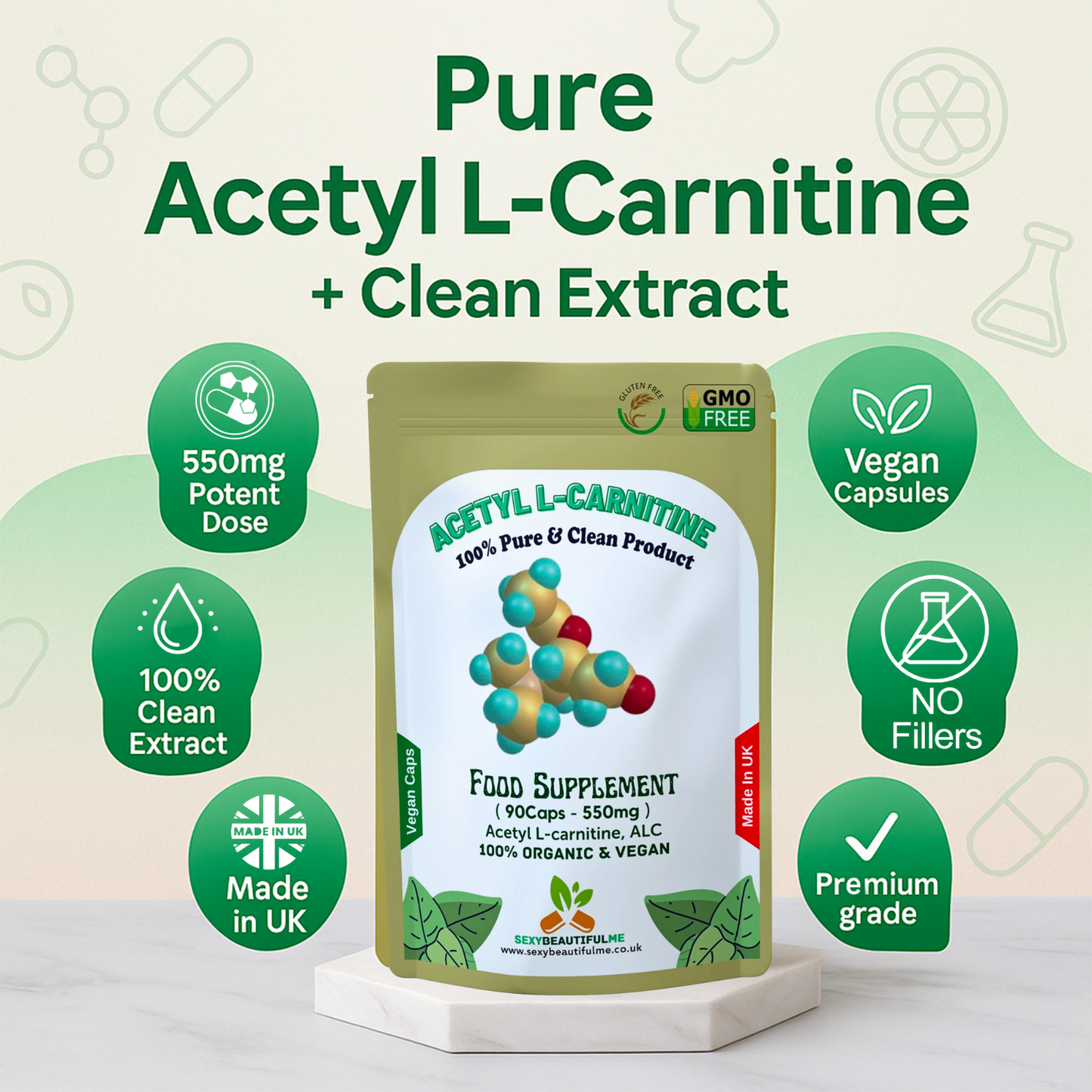 Acetyl L-Carnitine 550mg Capsules | 100% Pure ALC | Energy, Focus&Weight Support