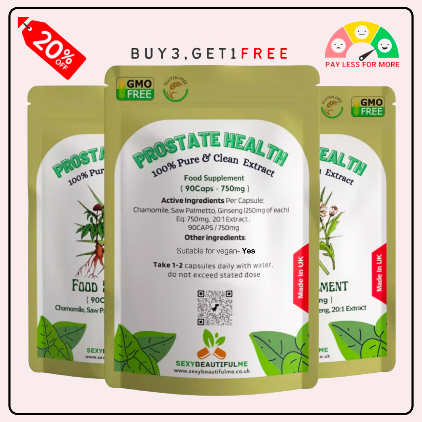 Prostate Health Complex Capsules 15000mg–Saw Palmetto, Ginseng & Chamomile–Vegan