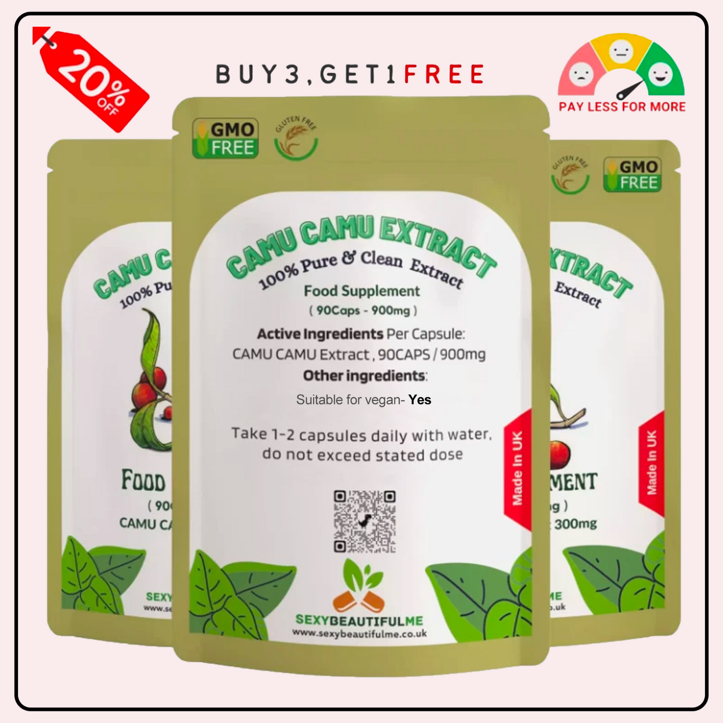Camu Capsules 900mg–Natural Vitamin C Source &Antioxidant Support-100%Vegan