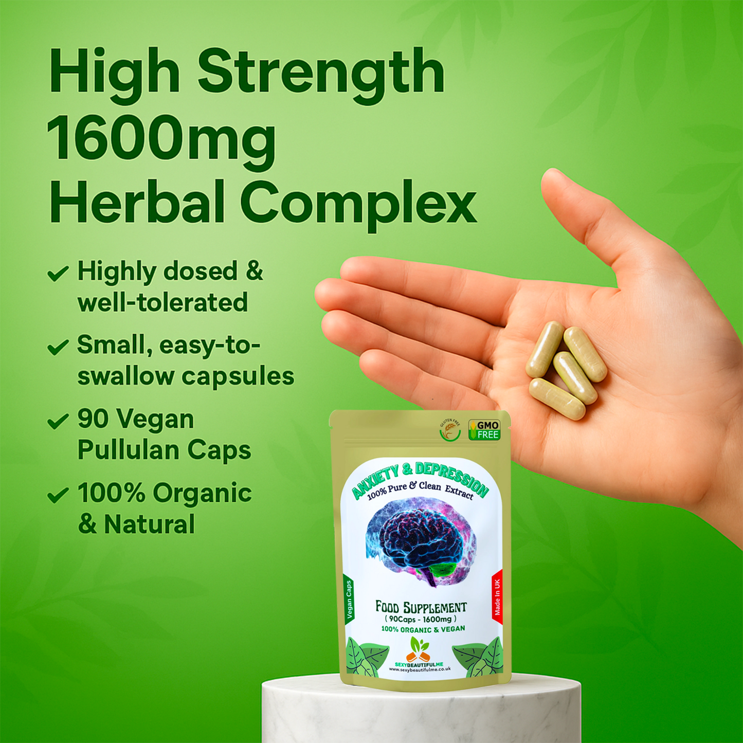 Anxiety & Stress Formula 1600mg –Calm Mood & Mental Clarity– 100% Vegan Capsules