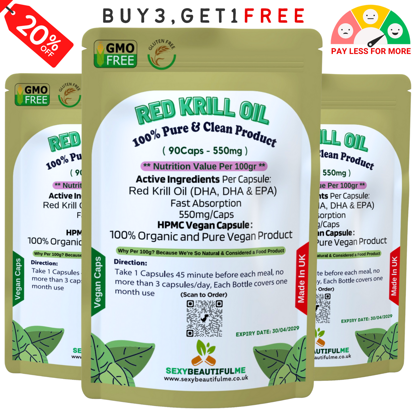 Red Krill Oil Capsule 550mg – Superba Antarctic Krill–DHA, EPA & Omega-3 Support