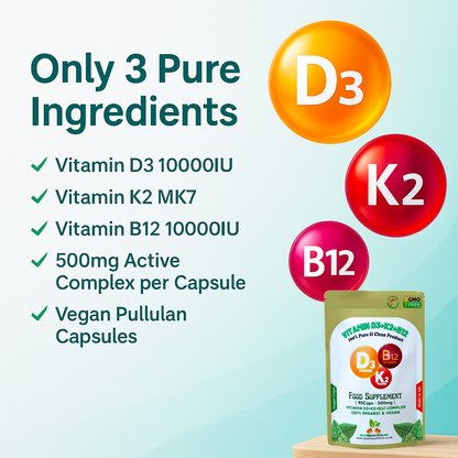 Vitamin D3 High Strength 10000IU – K2 MK7 + B12 10000IU – Natural Vegan Vitamins