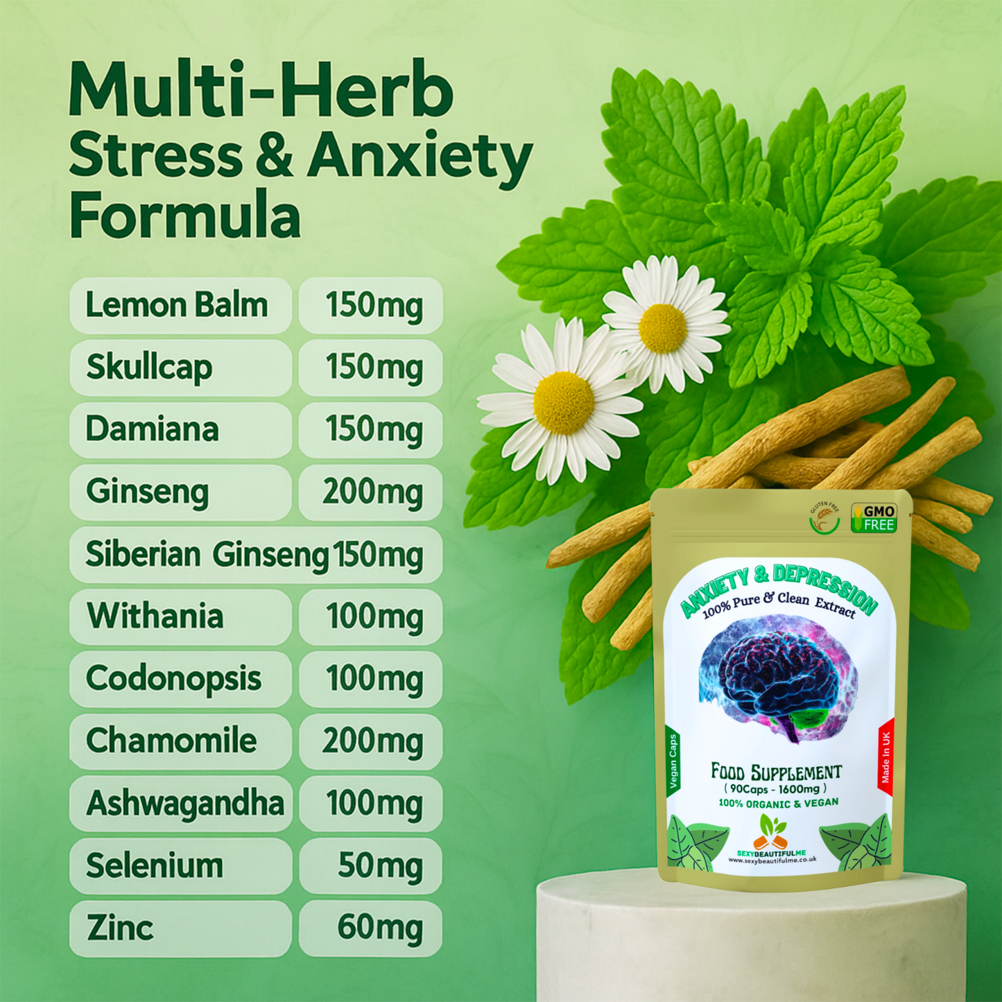 Anxiety & Stress Formula 1600mg –Calm Mood & Mental Clarity– 100% Vegan Capsules
