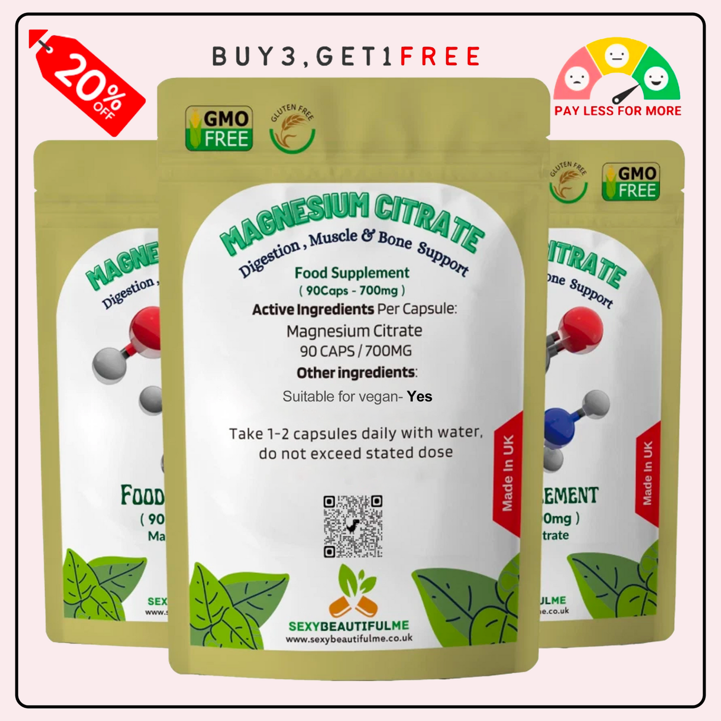 Magnesium Citrate Capsules 700mg–High Strength–PMS, Muscle & Nerve Support–Vegan