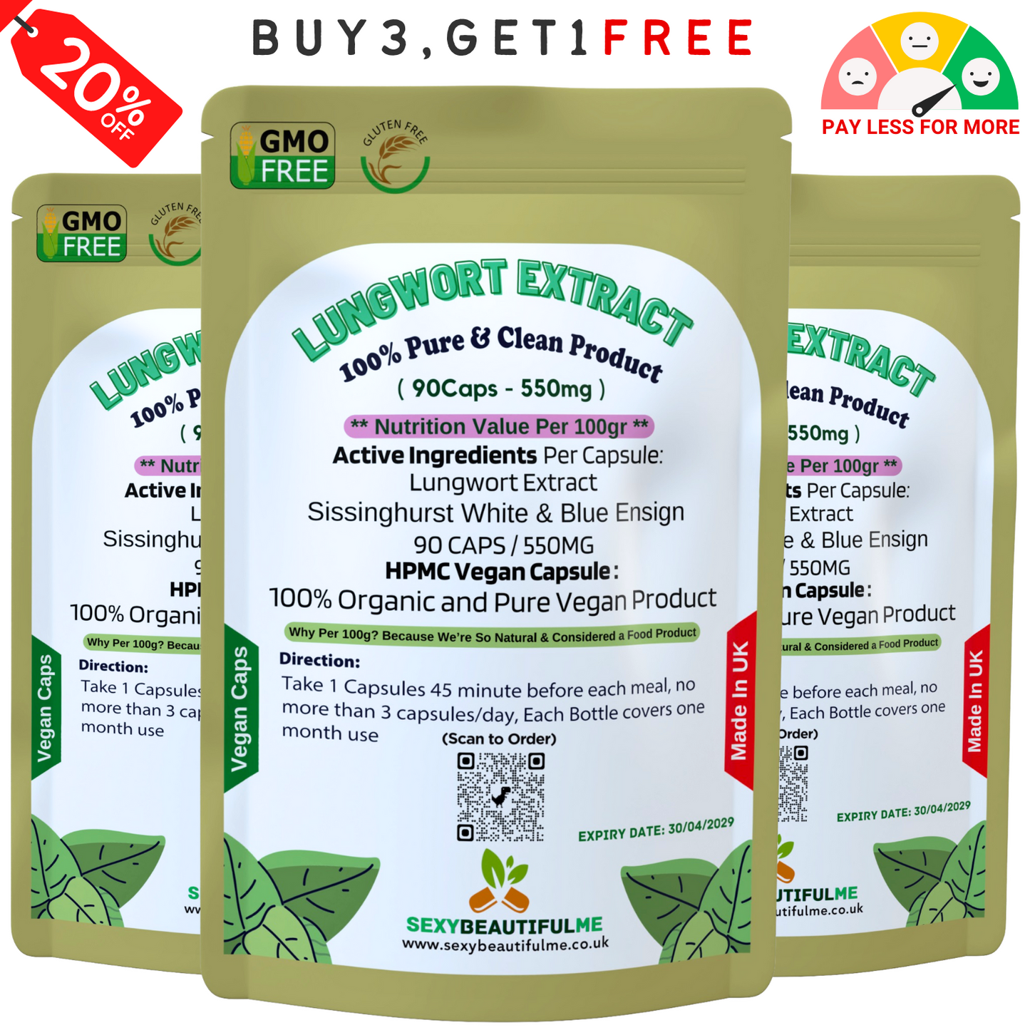 Lungwort Extract Capsules 550mg–Natural Lungwort Powder–Vegan & Strong Product