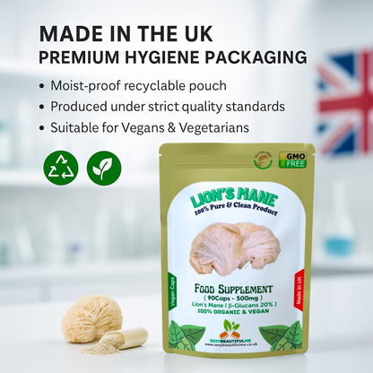 Organic Lion’s Mane Mushroom Capsules 500mg (40% Polysaccharides + 20% β-Glucan)