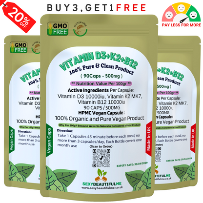 Vitamin D3 High Strength 10000IU – K2 MK7 + B12 10000IU – Natural Vegan Vitamins