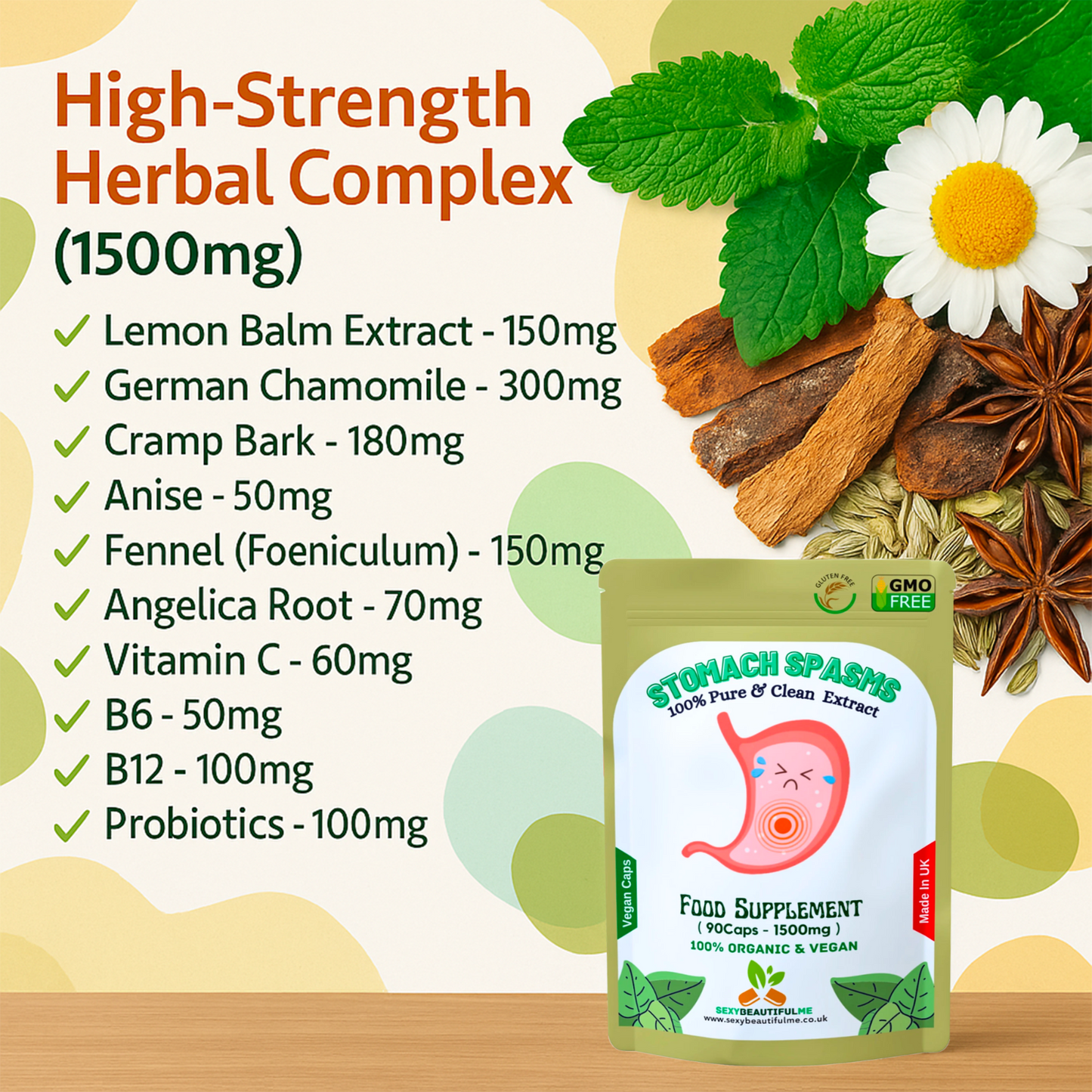 Stomach Spasms Complex Capsules 1500mg–Pain Relief, Gut &Digestive Support–Vegan