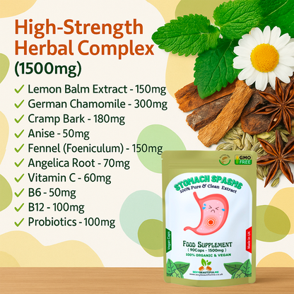 Stomach Spasms Complex Capsules 1500mg–Pain Relief, Gut &Digestive Support–Vegan
