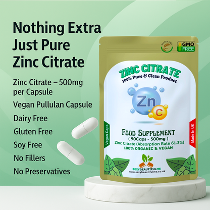 Zinc Citrate 500mg Capsules – High Strength Immune Support – Vegan Supplement