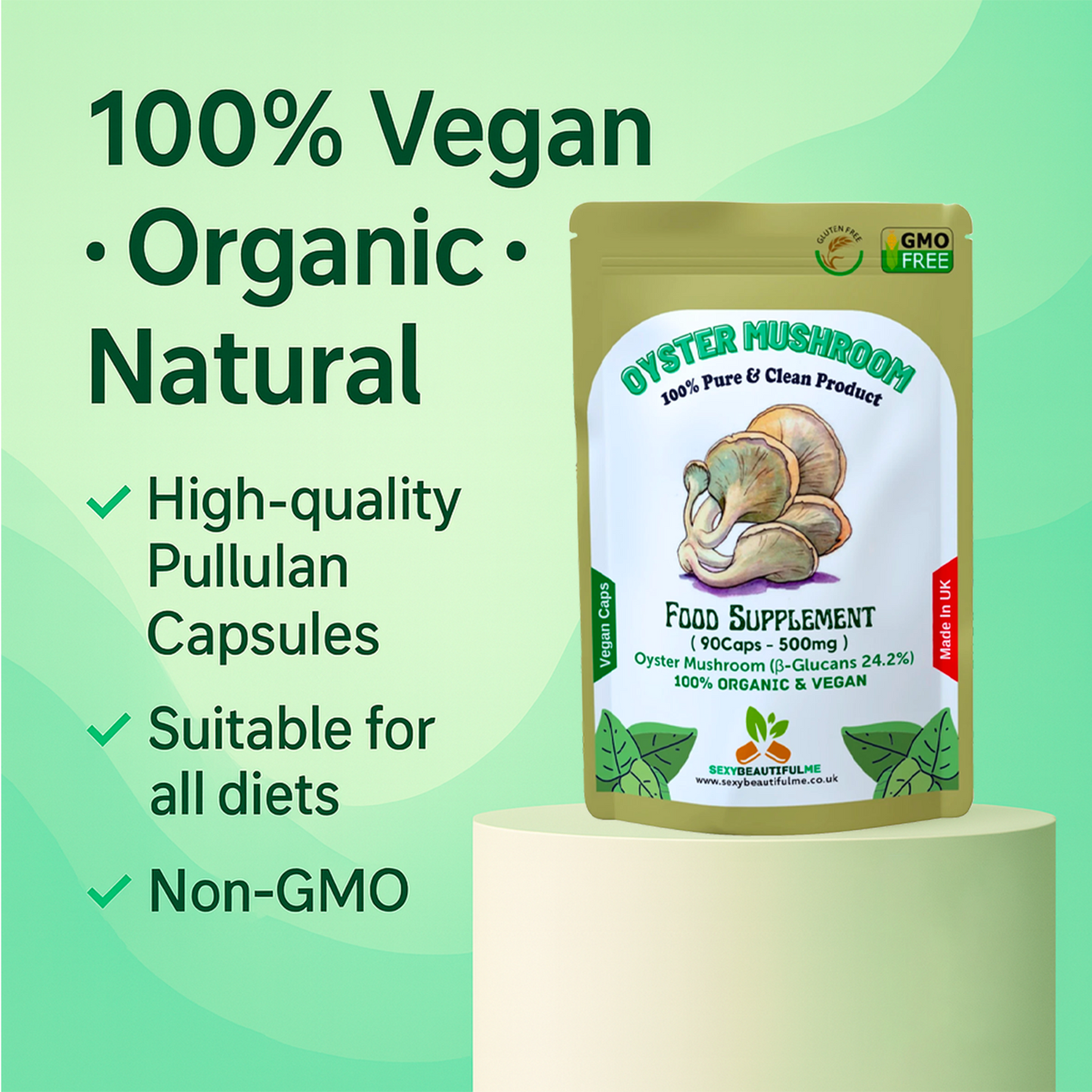Oyster Mushroom Capsules 500mg–24.2% β-Glucans–Vegan Heart & Cholesterol Support