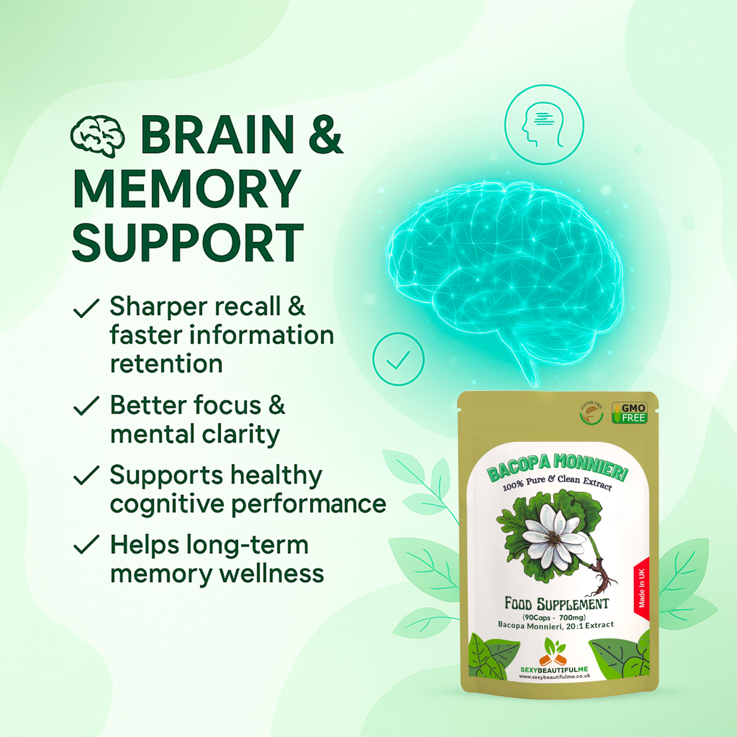 Bacopa Monnieri Extract 14,000mg Capsules–Brain Health & Focus Support–100%Vegan