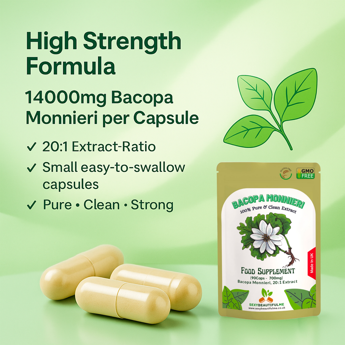 Bacopa Monnieri Extract 14,000mg Capsules–Brain Health & Focus Support–100%Vegan