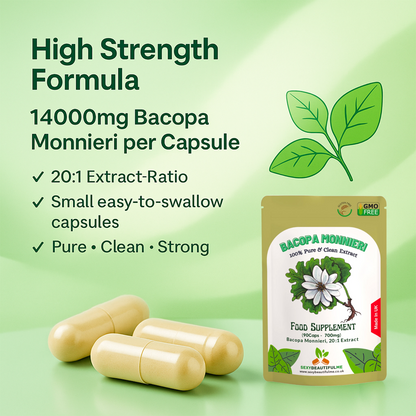 Bacopa Monnieri Extract 14,000mg Capsules–Brain Health & Focus Support–100%Vegan