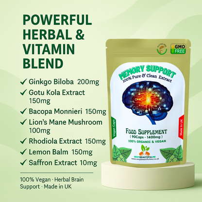Memory Support Caps 1400mg– Memory, Concentration & Brain Function Support-Vegan