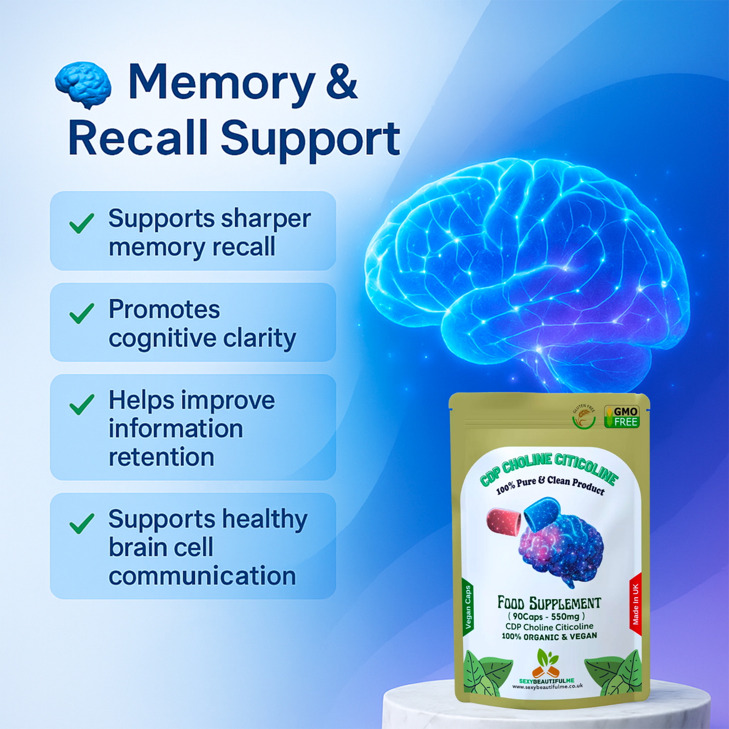 CDP Choline Citicoline 550mg Capsules | Natural Vegan Supplement | High Quality