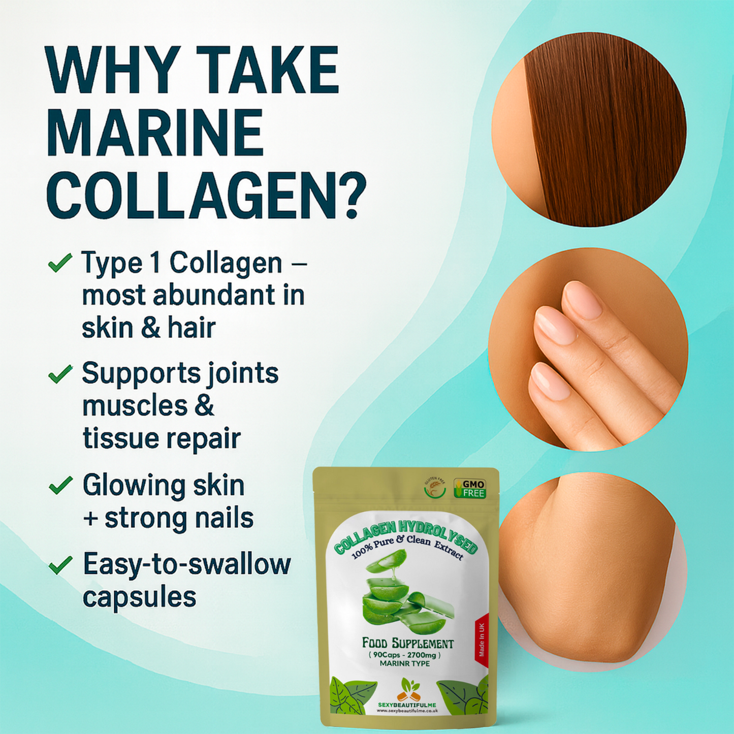 Marine Collagen Capsule 2700mg–Hydrolysed Type 1–Skin, Hair, Nails&Ageing Suport