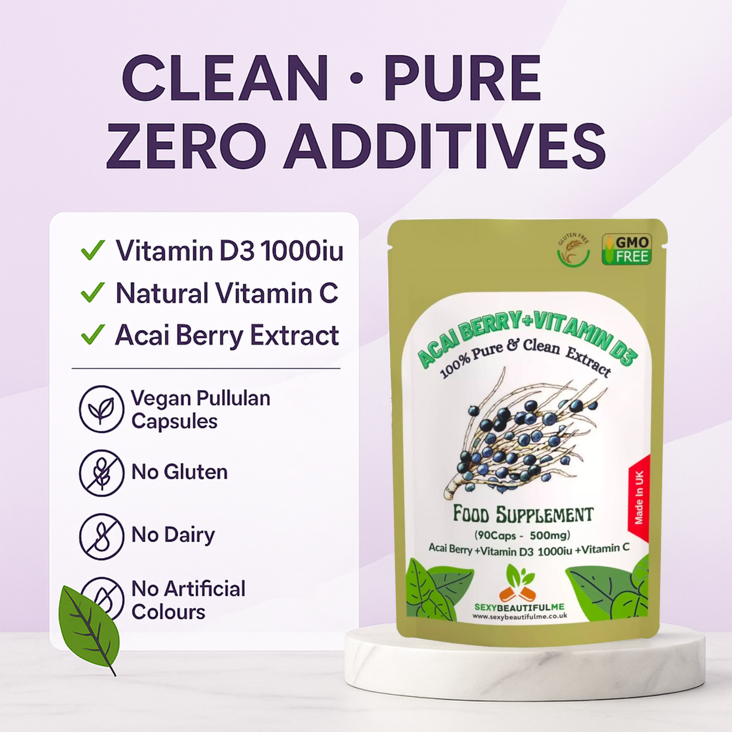 Vitamin D3 1000IU & C, Acai Berry Extract, Vegan Capsules, Immune Support-Pure