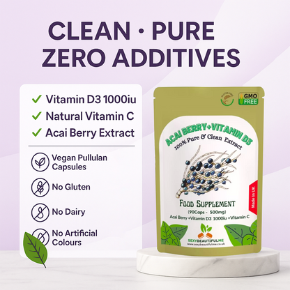 Vitamin D3 1000IU & C, Acai Berry Extract, Vegan Capsules, Immune Support-Pure