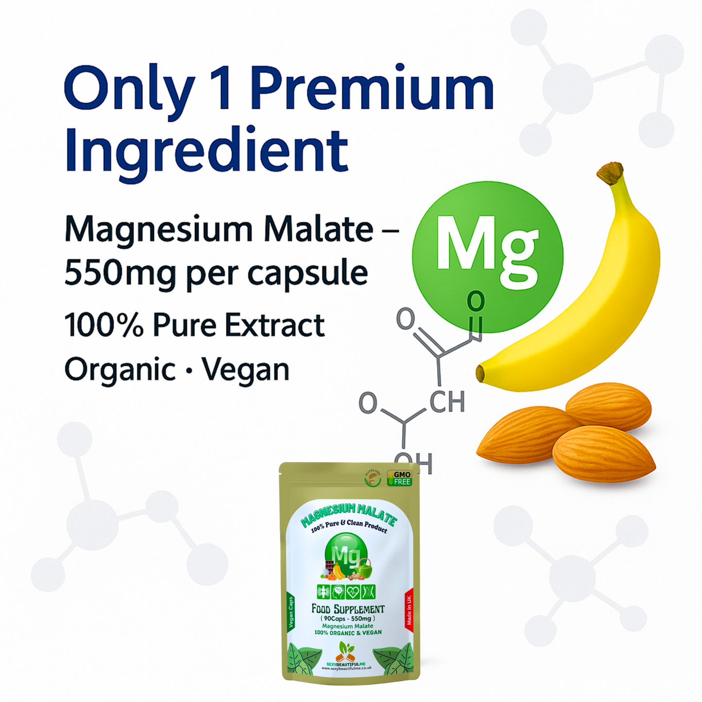 Magnesium Malate Capsules 550mg–High Absorption Vegan Magnesium-Energy & Muscle