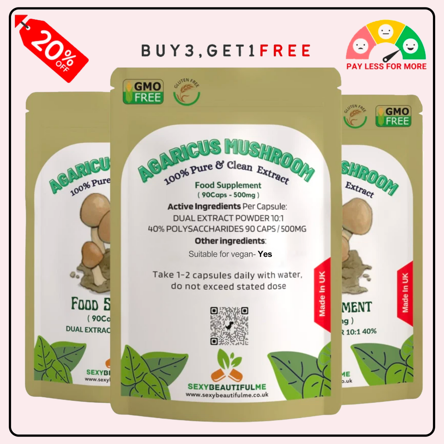 Agaricus Mushroom Extract Capsules 5000mg-40% Polysaccharides-Support Immunity