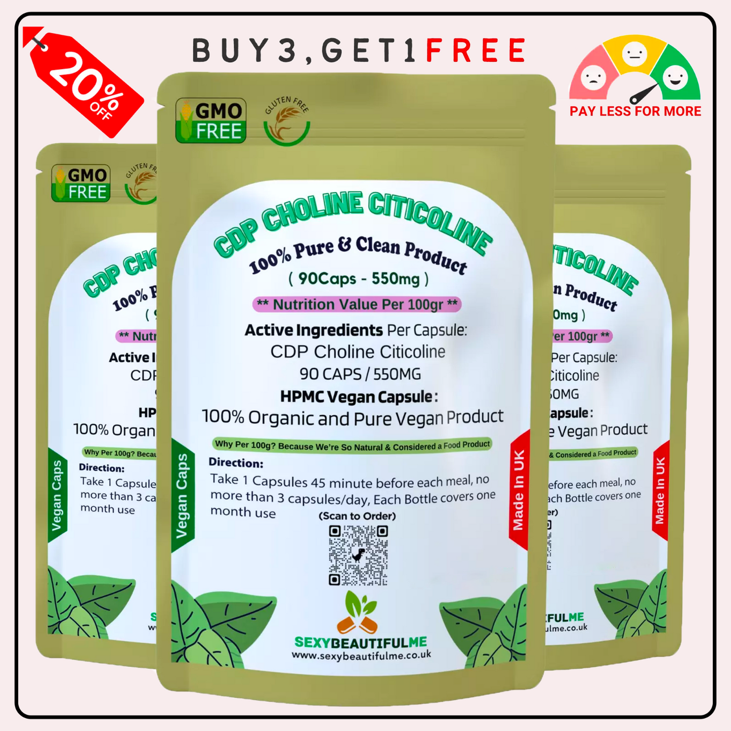 CDP Choline Citicoline 550mg Capsules | Natural Vegan Supplement | High Quality