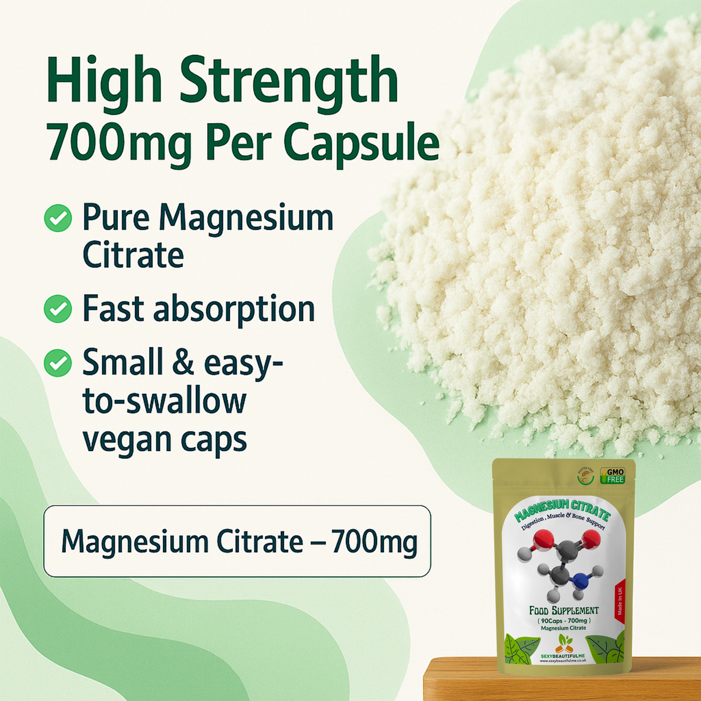 Magnesium Citrate Capsules 700mg–High Strength–PMS, Muscle & Nerve Support–Vegan