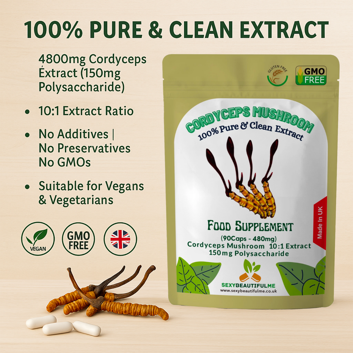 Cordyceps Mushroom Capsules 4800mg-150mg Polysaccharide- Very Strong & Effective