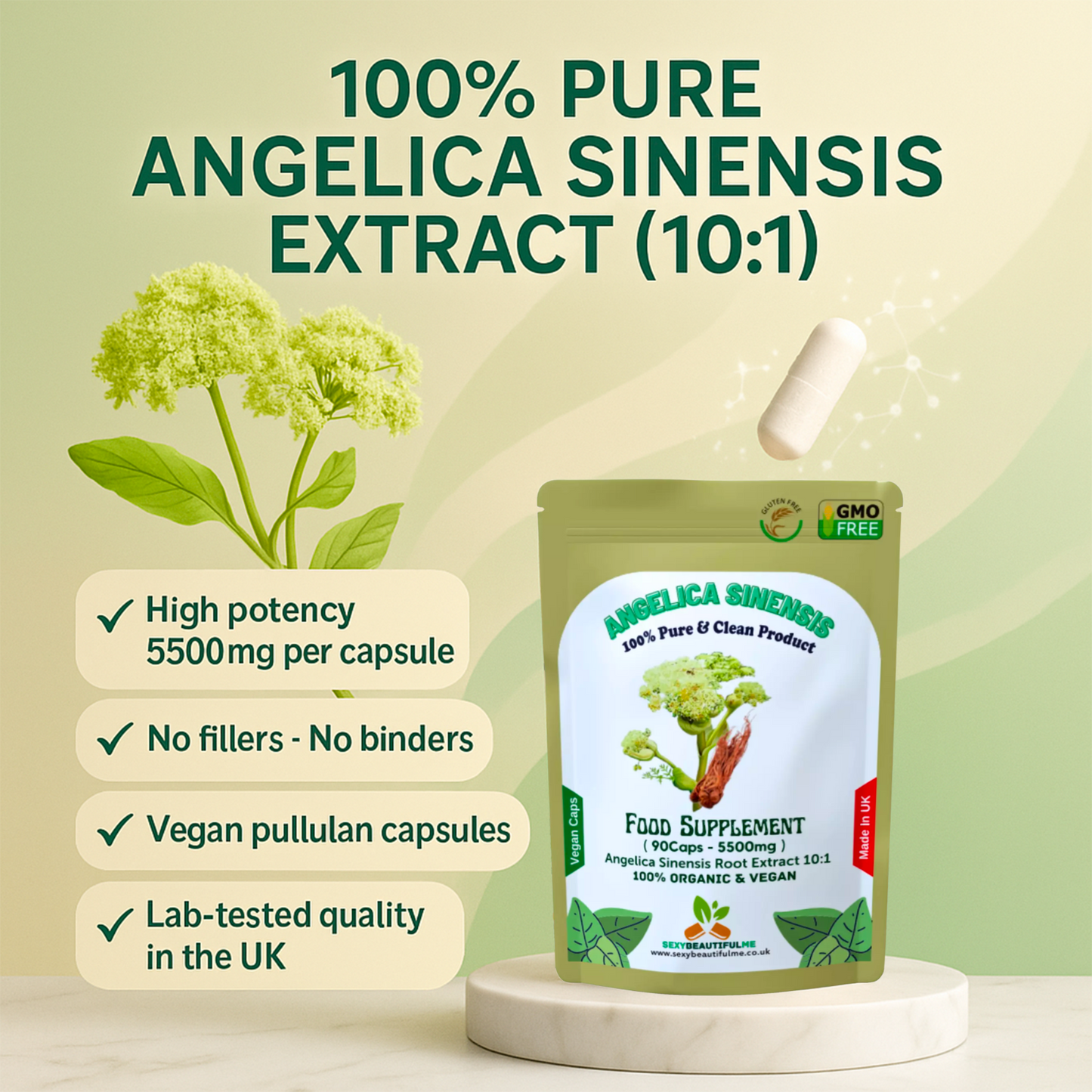 Angelica Sinensis 5500mg Capsule- Dong Quai - PMS Relief, Estrogen Balance-VEGAN