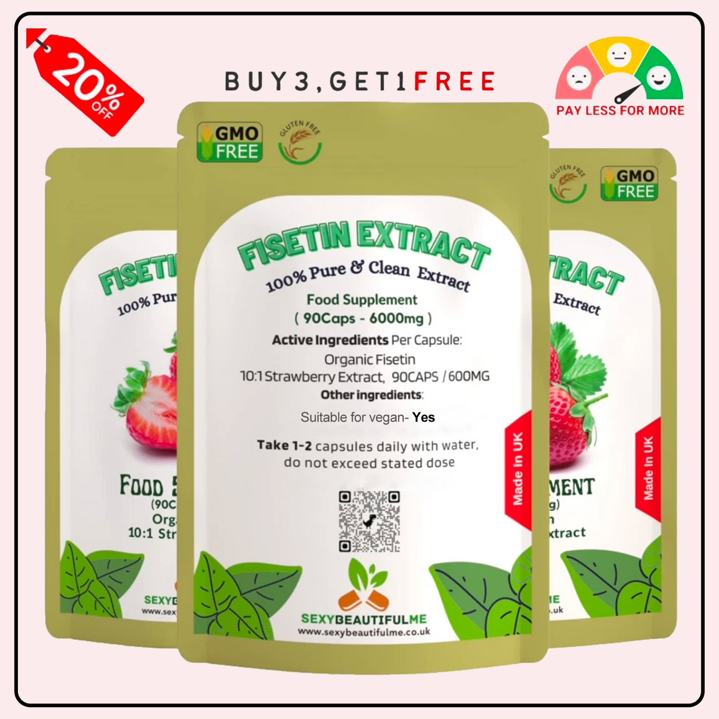 Fisetin Strawberry Extract Capsules 6000mg 10:1 extract–Strong & Effective Vegan