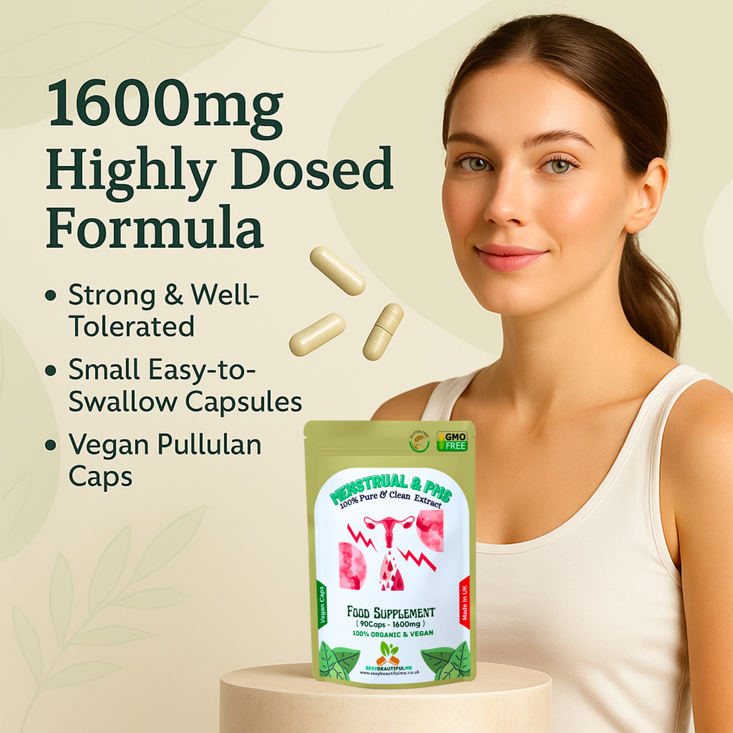 Menstrual & PMT Complex 1600mg–Mood Swings & Tenderness Relief–100%Vegan Product