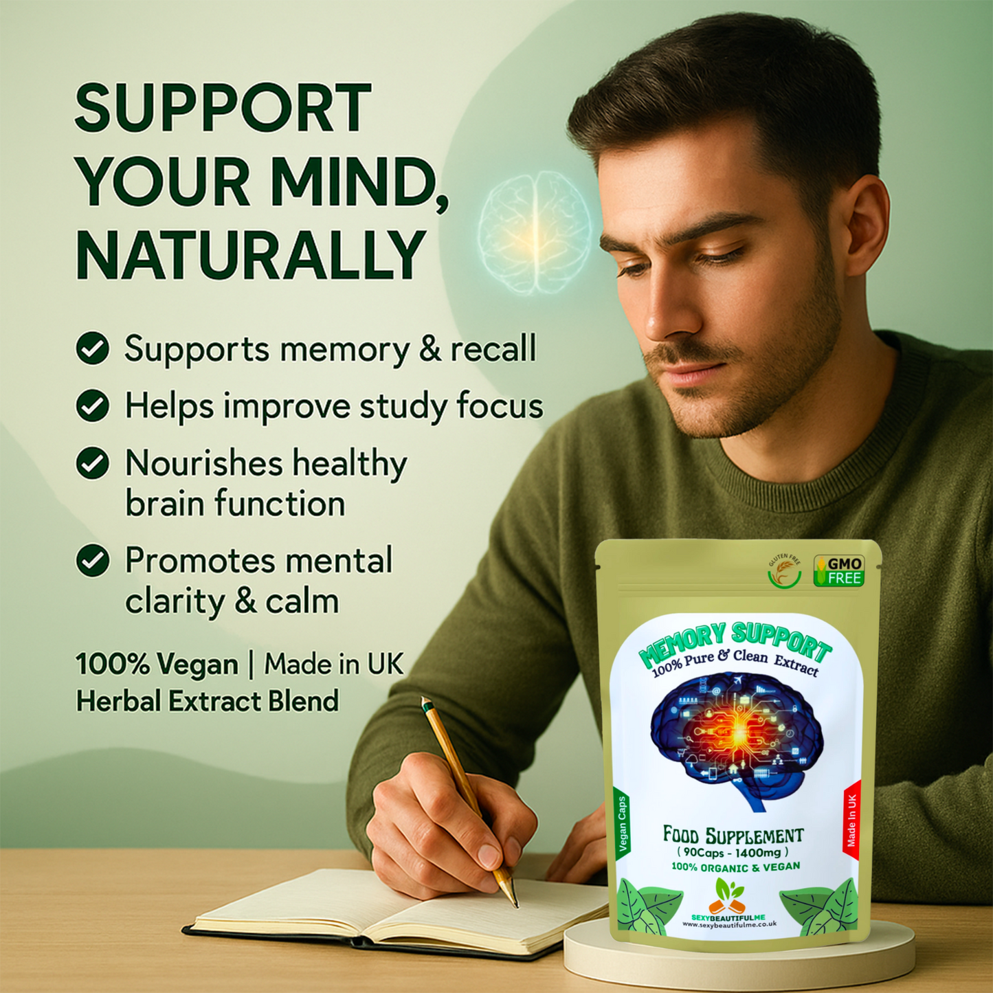 Memory Support Caps 1400mg– Memory, Concentration & Brain Function Support-Vegan