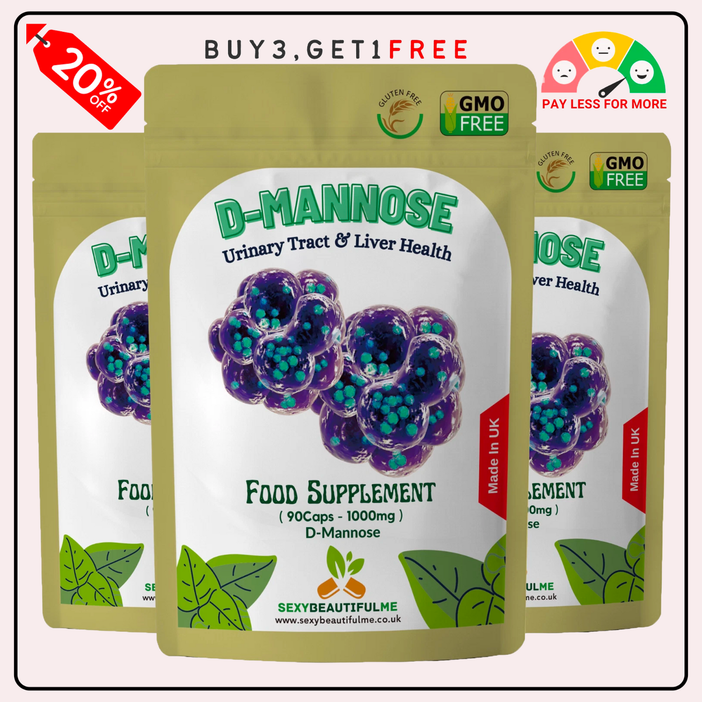 D-Mannose Capsules 1000mg-Healthy Urinary Tract-Cystitis Relief UTI-Liver Health