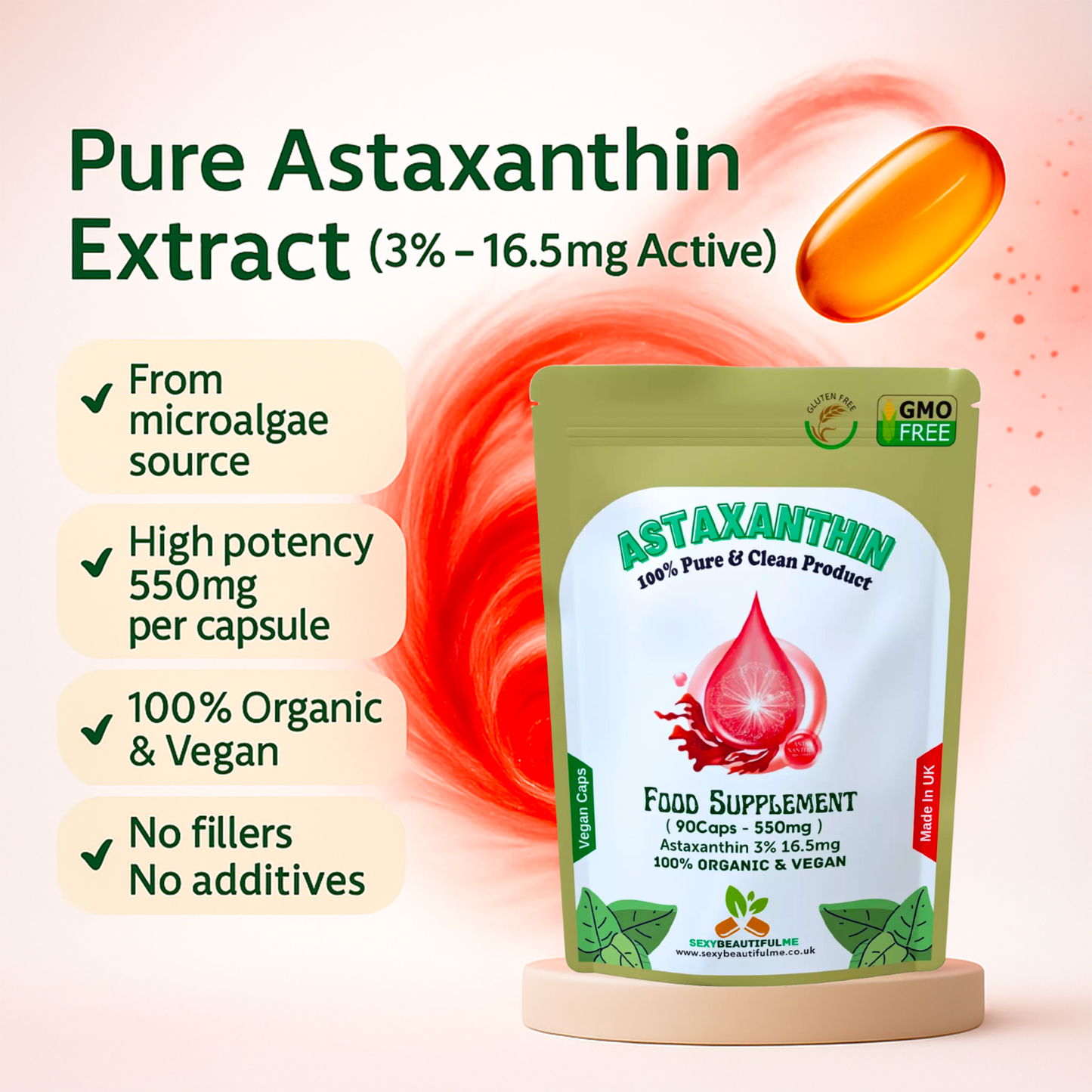 Astaxanthin 550mg , 3%, 16.5mg Clean Astaxanthin Veg Capsules 100% Natural Algae