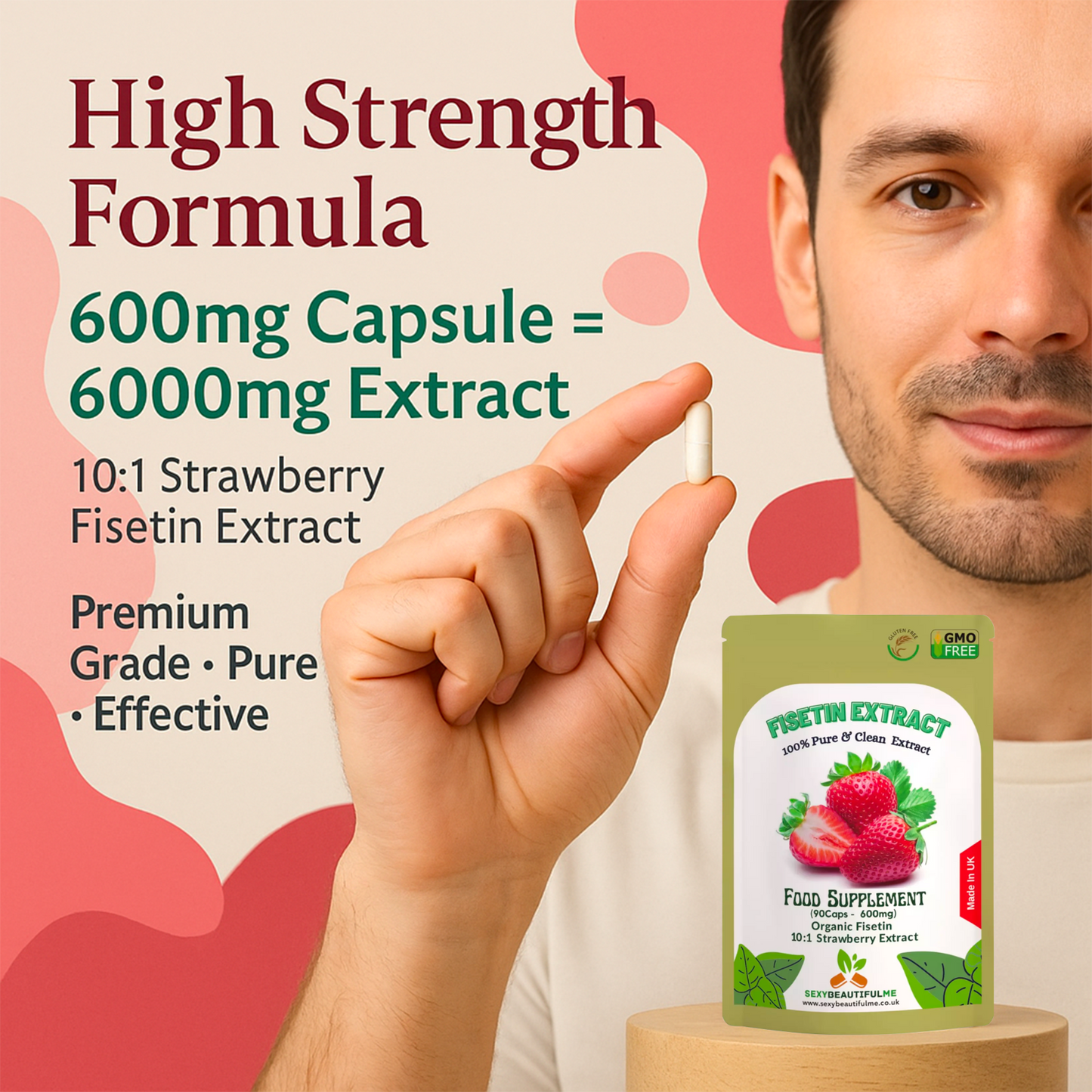 Fisetin Strawberry Extract Capsules 6000mg 10:1 extract–Strong & Effective Vegan
