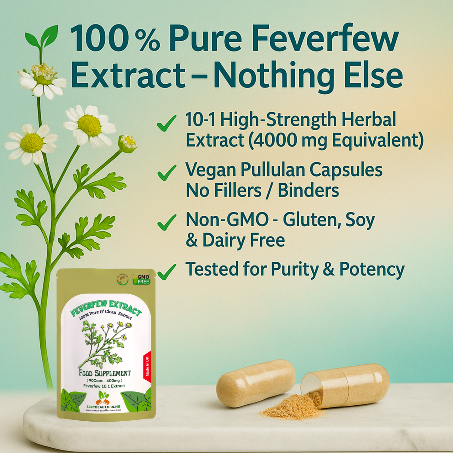 Feverfew Extract 4000mg Capsules, Migraine Support, 100%Natural&Clean-Vegan Caps