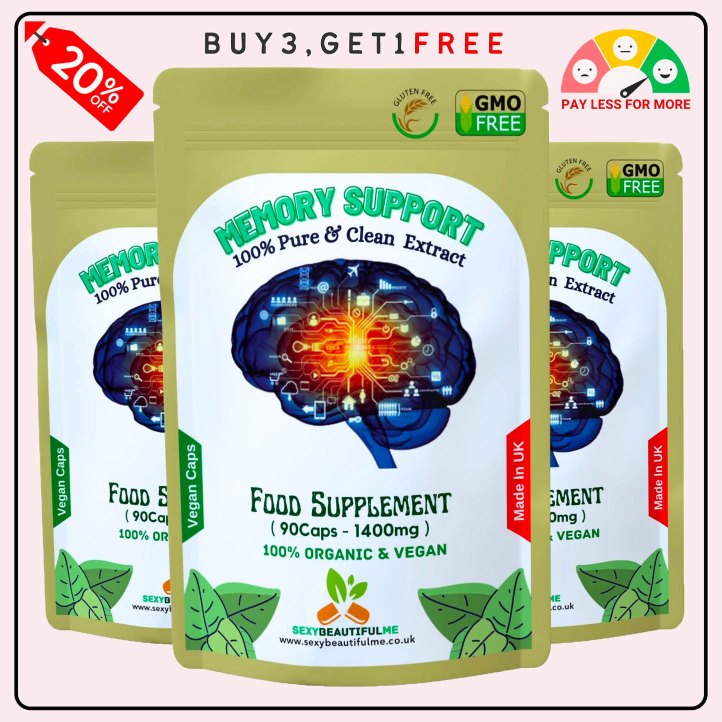 Memory Support Caps 1400mg– Memory, Concentration & Brain Function Support-Vegan