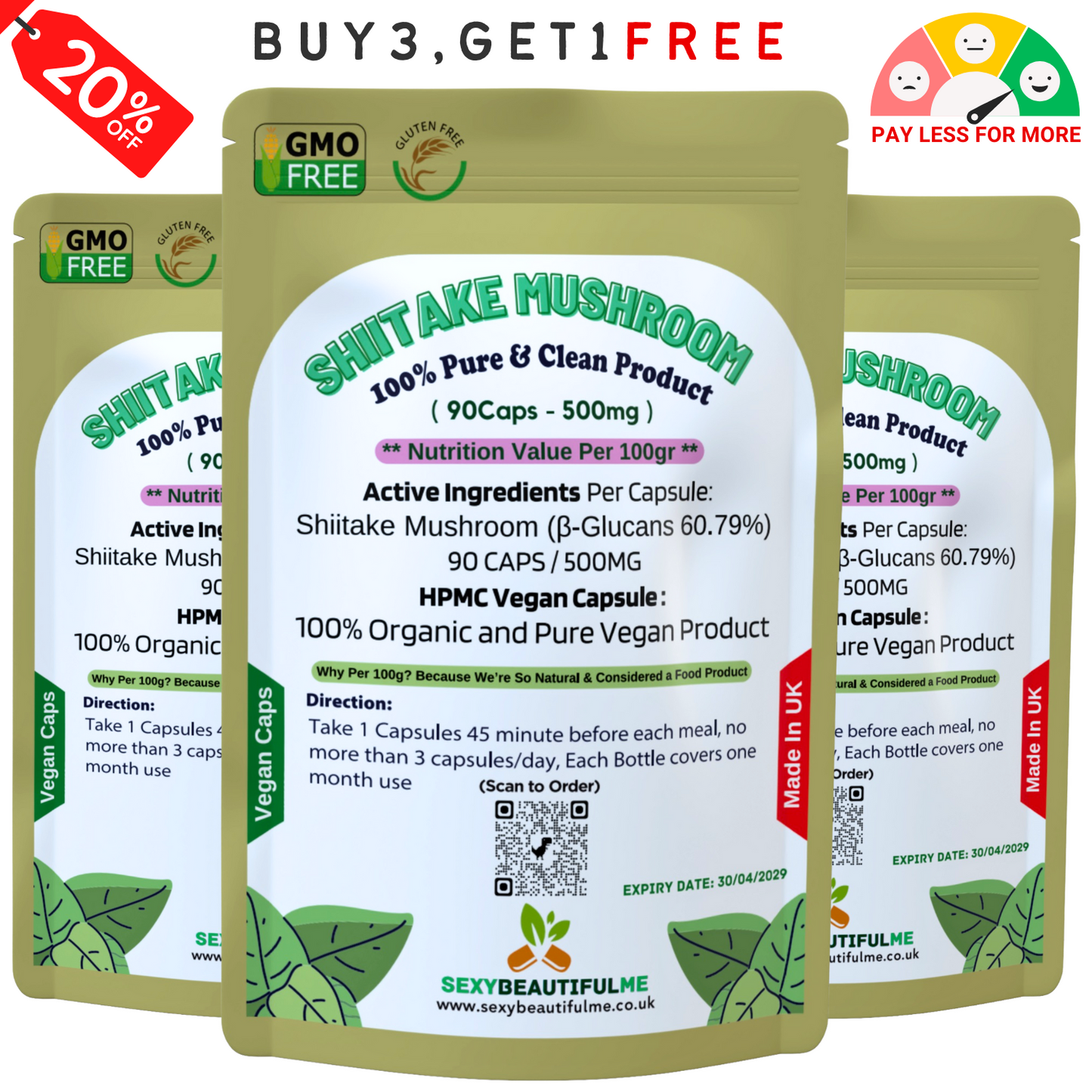 Shiitake Mushroom Extract Capsules 500mg (60.7%β-Glucan)–Strong &Effective–Vegan