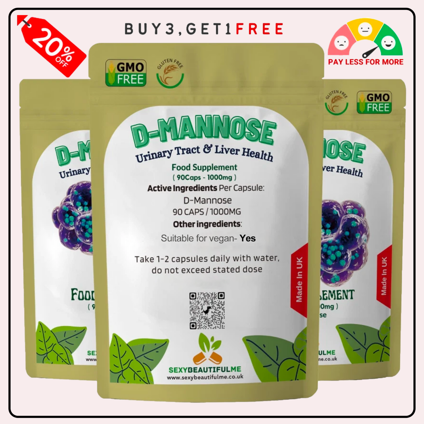 D-Mannose Capsules 1000mg-Healthy Urinary Tract-Cystitis Relief UTI-Liver Health