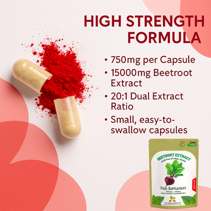 Beetroot Extract Capsule 750mg–20:1 Extract-Heart &Cholesterol Support-100%Vegan