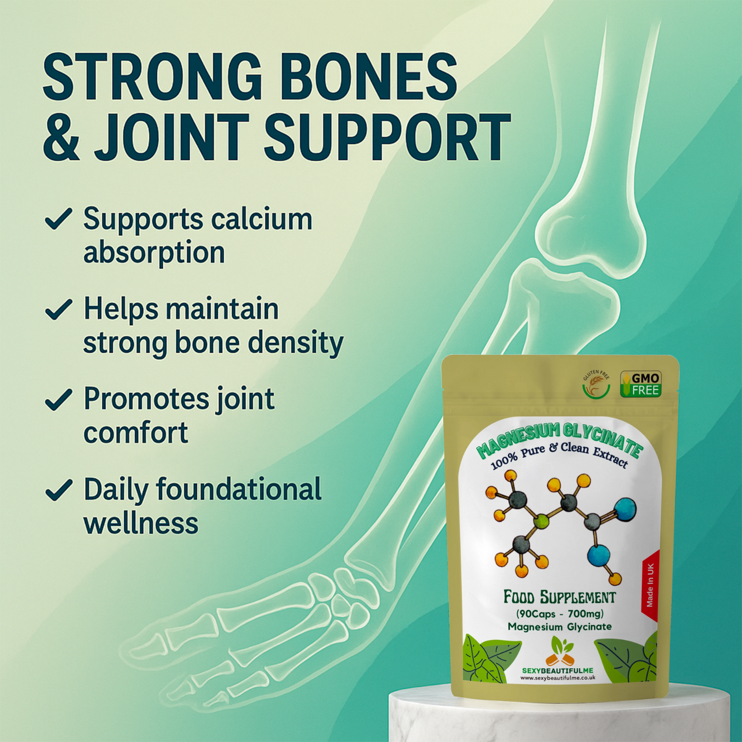 Magnesium Glycinate 700mg – 100% Vegan Capsules for Bone Health & Sleep Support