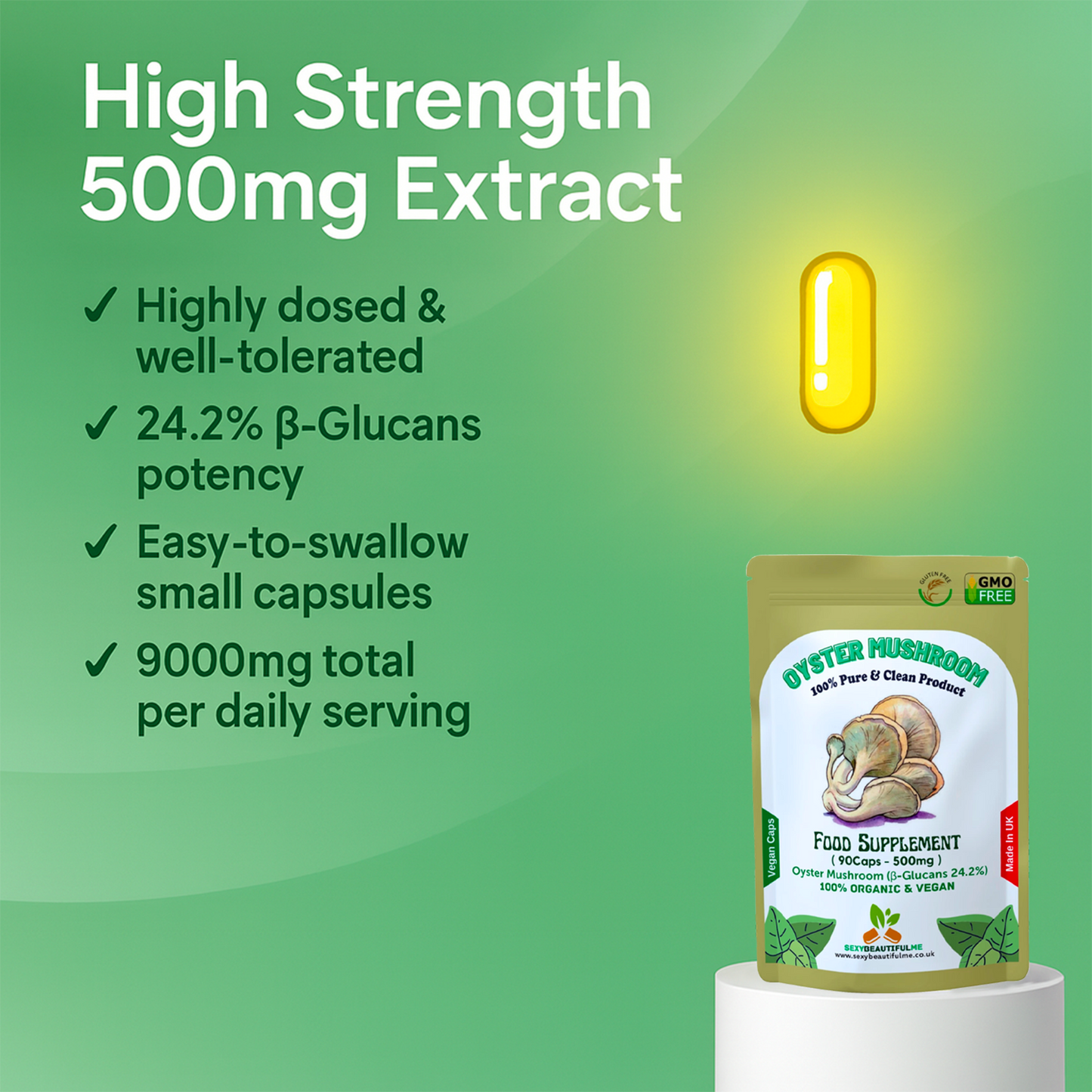 Oyster Mushroom Capsules 500mg–24.2% β-Glucans–Vegan Heart & Cholesterol Support