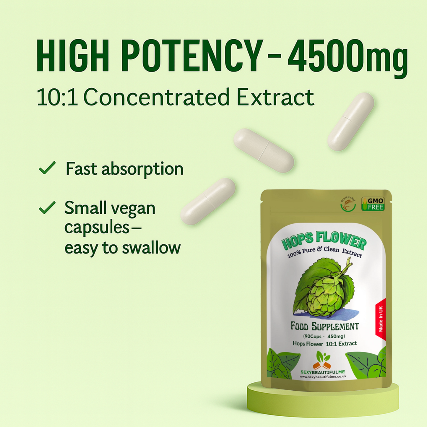 Hops Flower Extract Capsule 4500mg–Sleep Support, Mood Balance&Immunty-100%Vegan