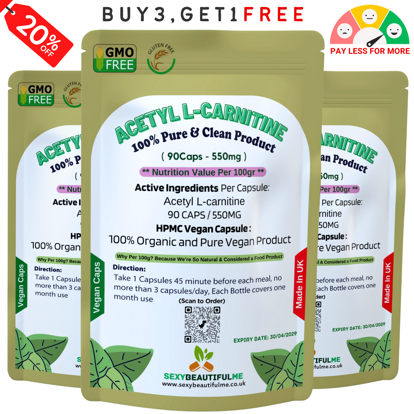 Acetyl L-Carnitine 550mg Capsules | 100% Pure ALC | Energy, Focus&Weight Support