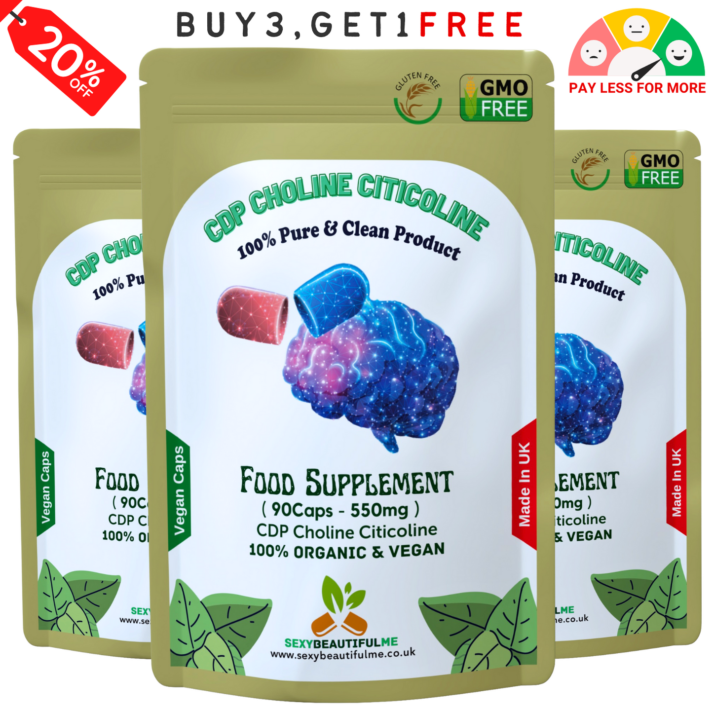 CDP Choline Citicoline 550mg Capsules | Natural Vegan Supplement | High Quality