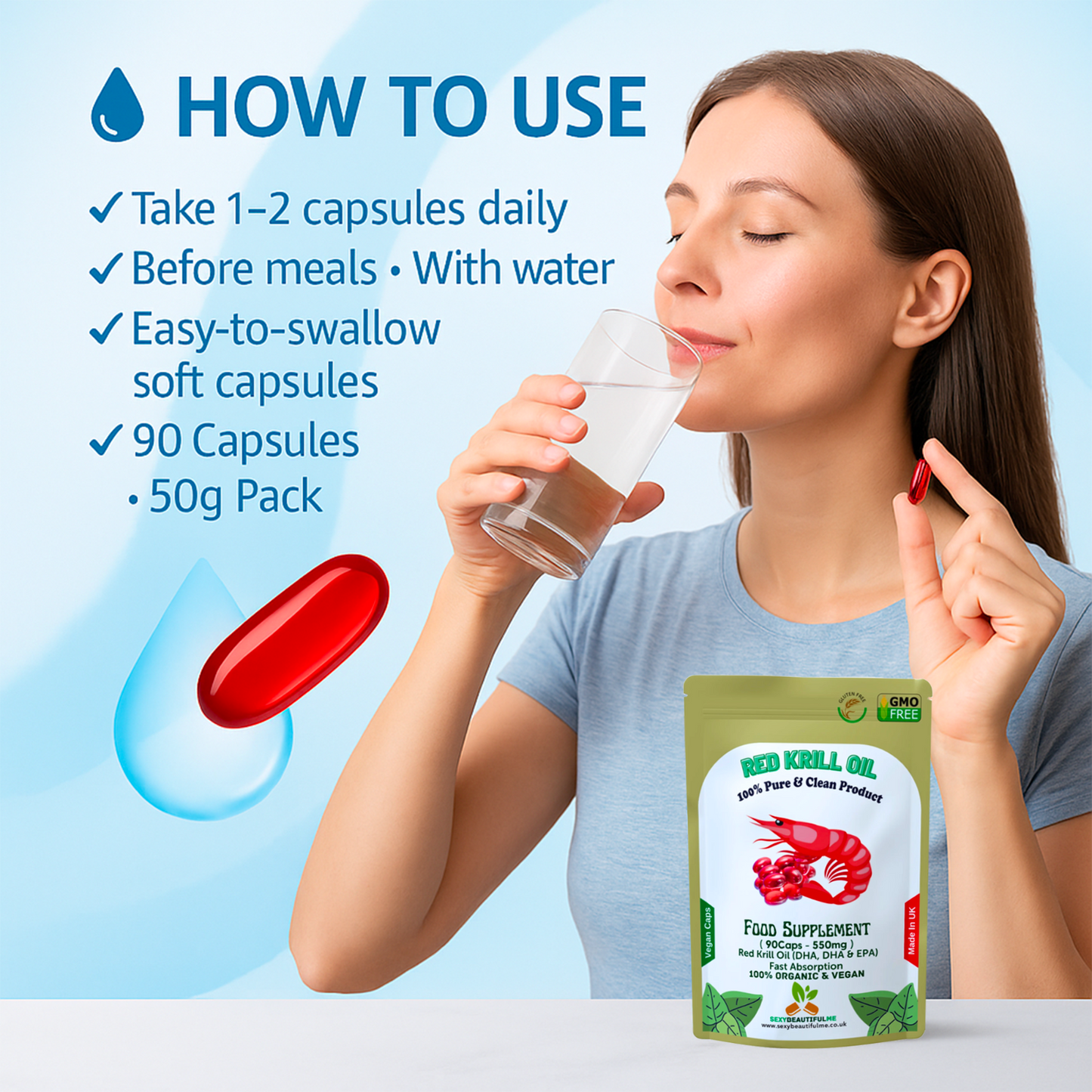 Red Krill Oil Capsule 550mg – Superba Antarctic Krill–DHA, EPA & Omega-3 Support