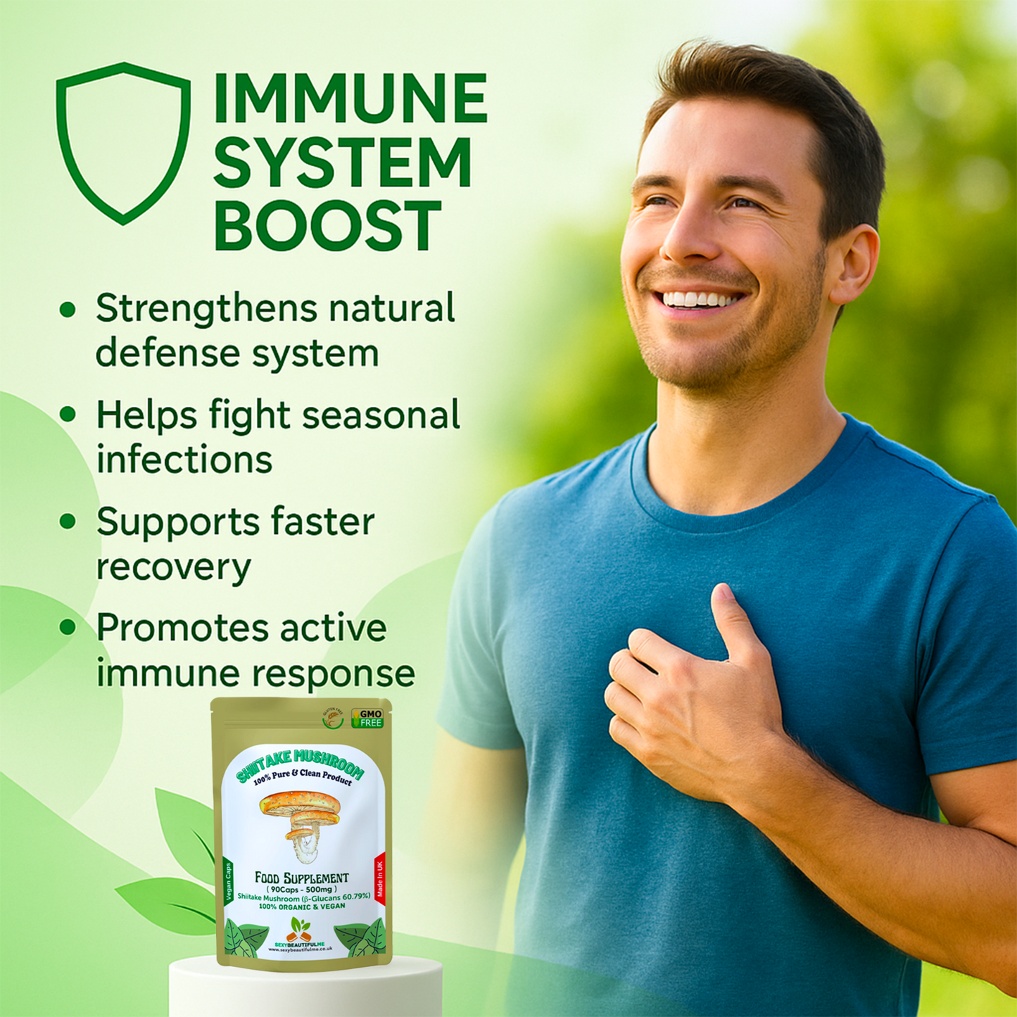 Shiitake Mushroom Extract Capsules 500mg (60.7%β-Glucan)–Strong &Effective–Vegan