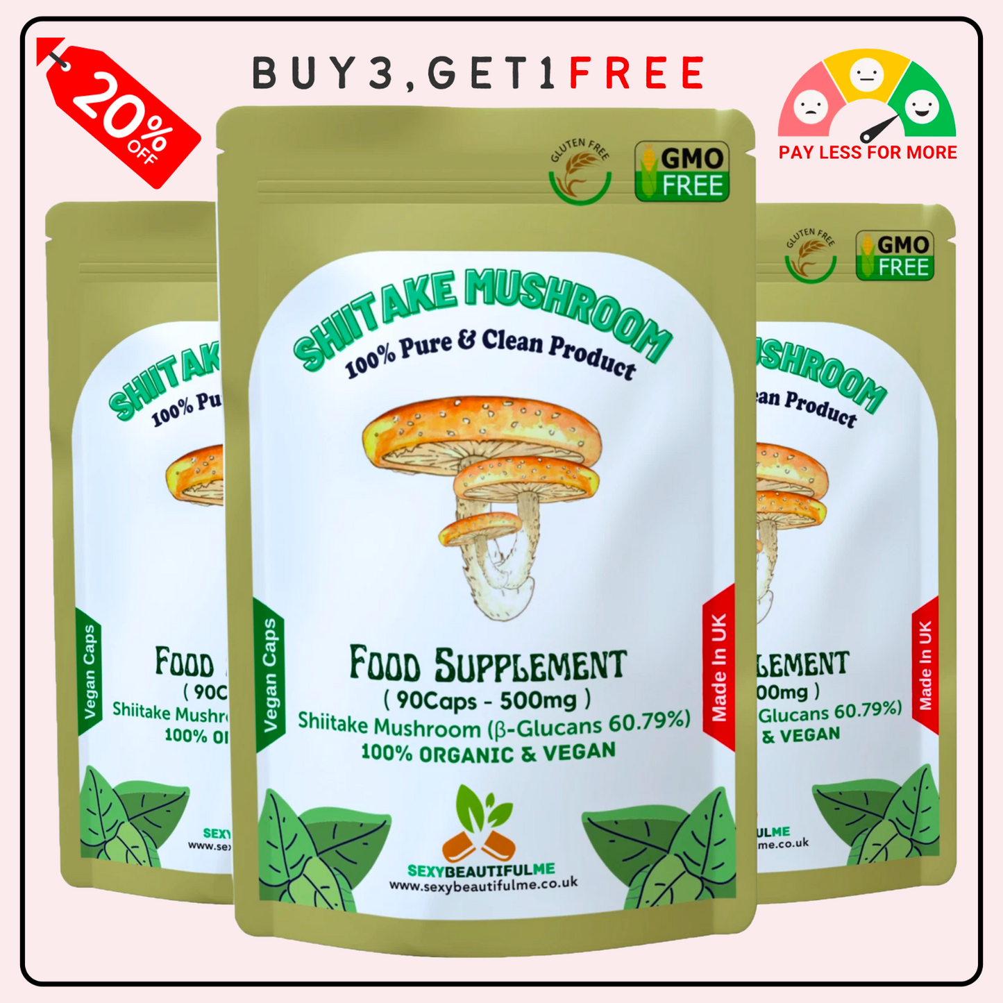 Shiitake Mushroom Extract Capsules 500mg (60.7%β-Glucan)–Strong &Effective–Vegan