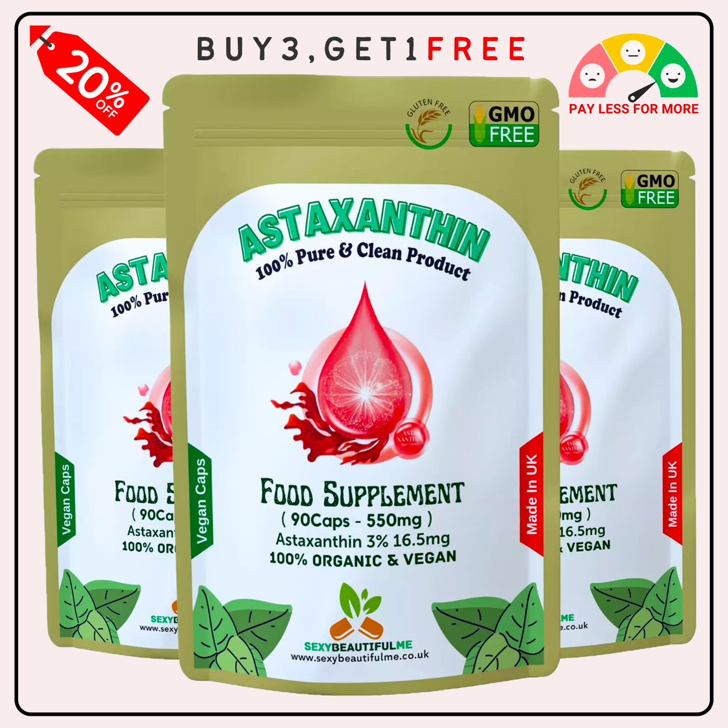 Astaxanthin 550mg , 3%, 16.5mg Clean Astaxanthin Veg Capsules 100% Natural Algae