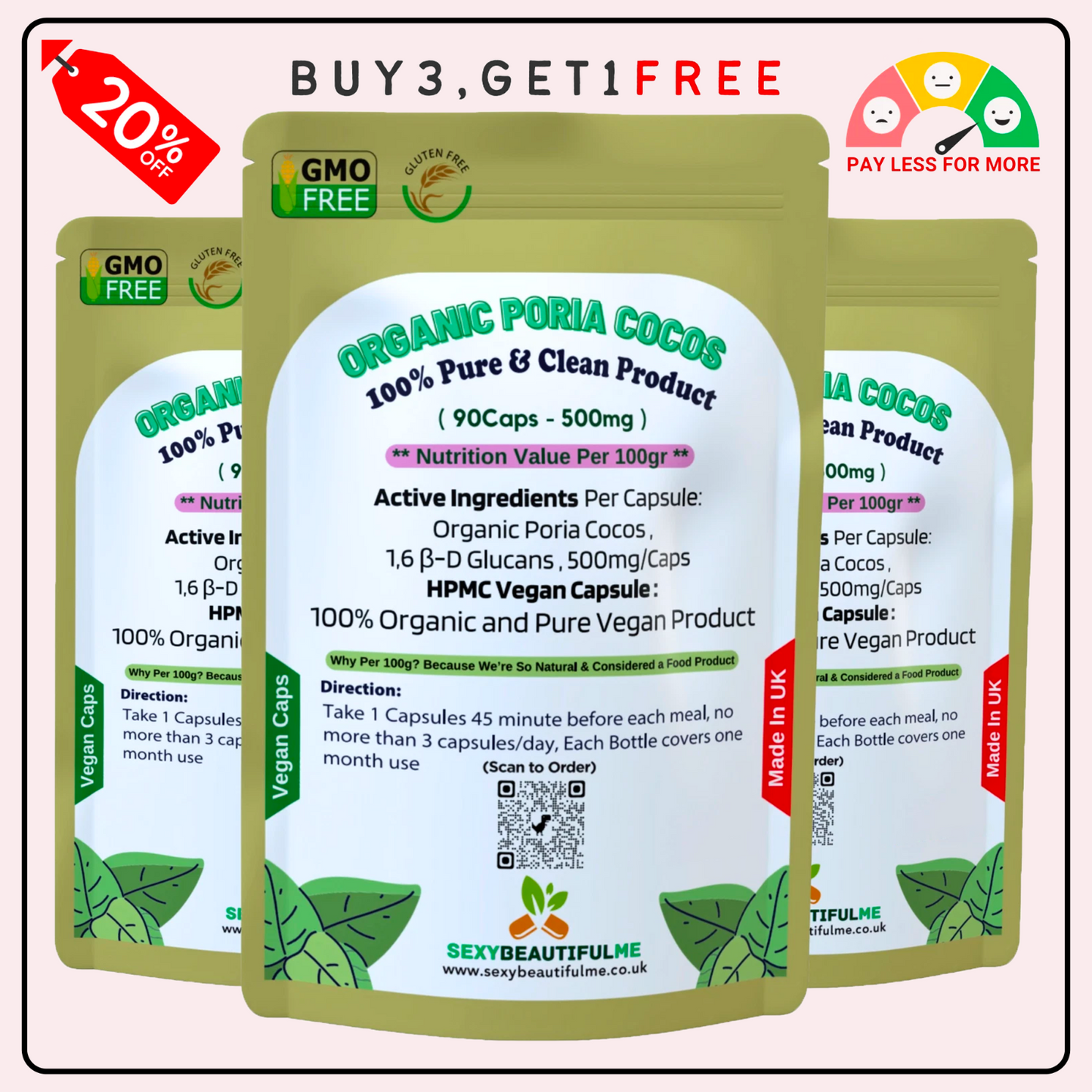 Organic Poria Cocos Mushroom 500 mg Capsules–Fatigue, Tension & Memory Support